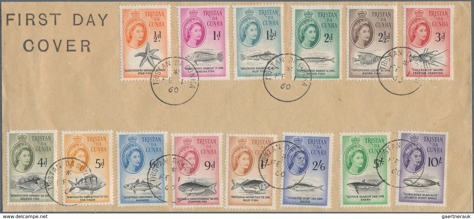 Tristan Da Cunha: 1960, ½ D To 10 Sh. Complete Set "Queen Elizabeth And Sea Animals" On First Day Co - Tristan Da Cunha