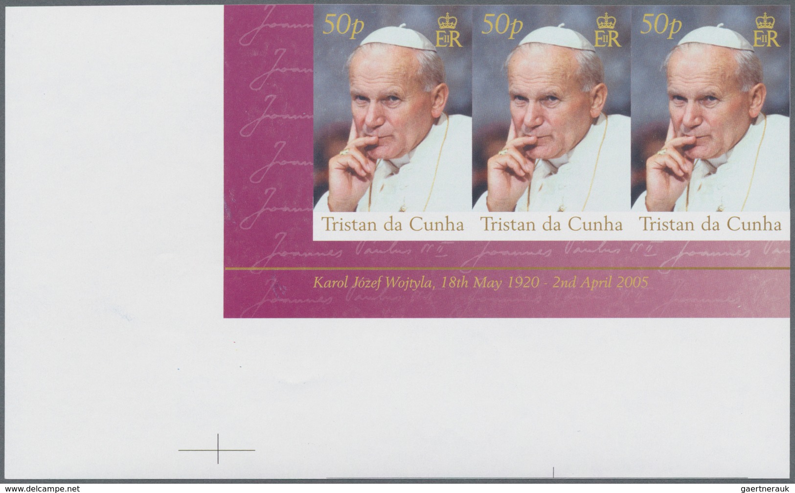 Tristan Da Cunha: 2005, Death Of Pope John Paul II. 50p. IMPERFORATE Horizontal Strip Of Three From - Tristan Da Cunha