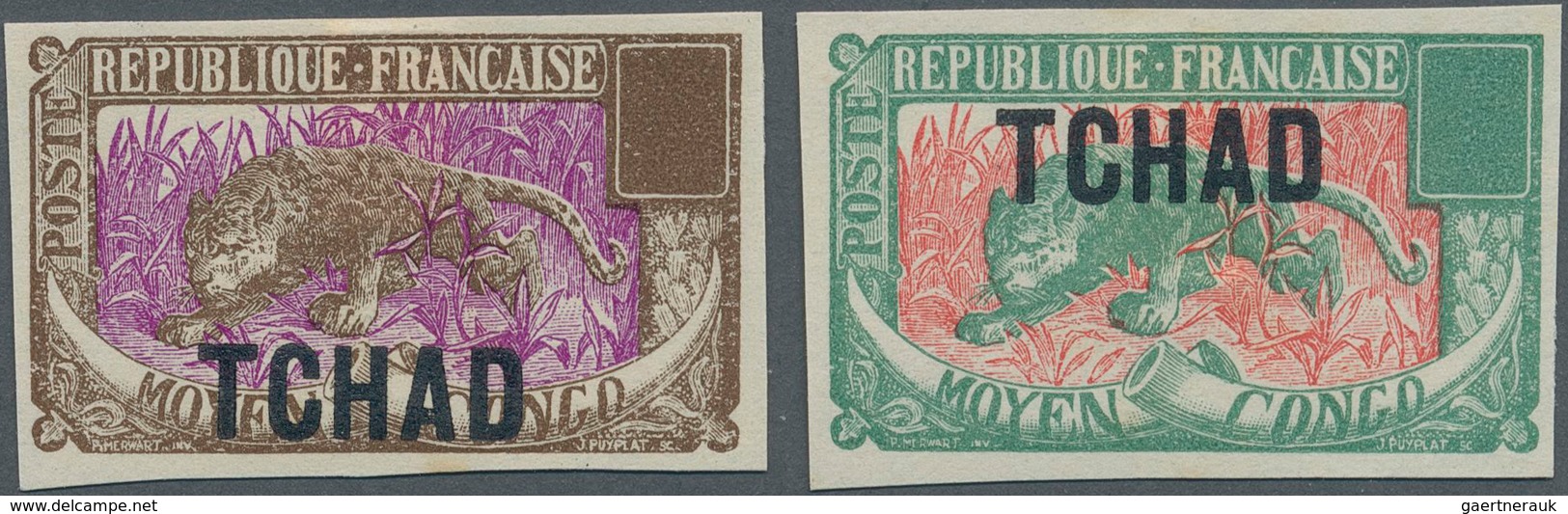 Tschad: 1922, "TCHAD" Overprints, Design "Panther", Two Imperforate Proofs In Colours "brown/violet" - Chad (1960-...)