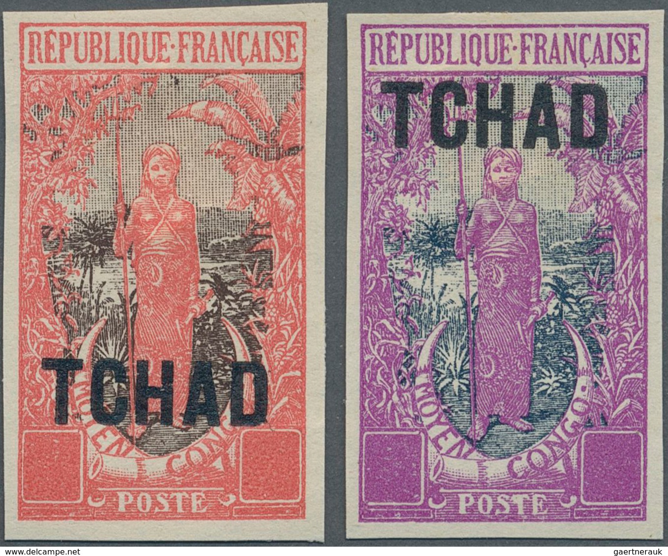 Tschad: 1922, "TCHAD" Overprints, Design "Native Woman", Two Imperforate Proofs In Colours "orange-r - Chad (1960-...)