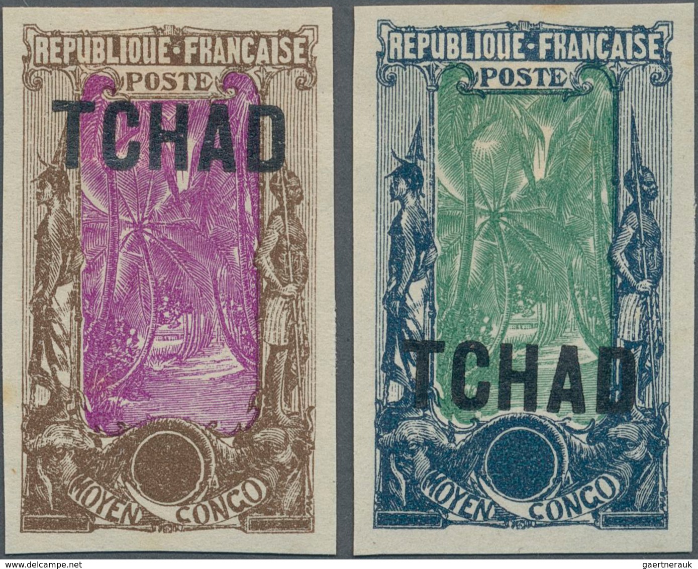 Tschad: 1922, "TCHAD" Overprints, Design "Coconut Palms", Two Imperforate Proofs In Colours "brown/l - Tsjaad (1960-...)