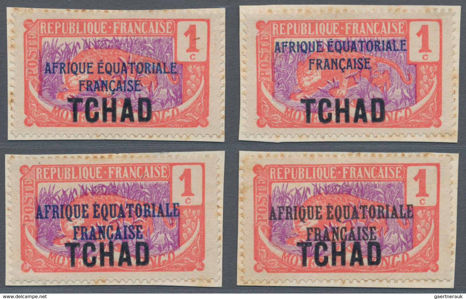 Tschad: 1924, AEF Overprints, 1c. Rose/violet "Panther", Four Different Essays Of Overprint In Blue - Chad (1960-...)