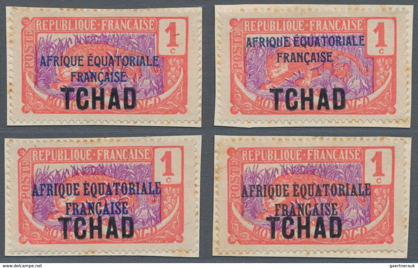 Tschad: 1924, AEF Overprints, 1c. Rose/violet "Panther", Four Different Essays Of Overprint In Blue - Tsjaad (1960-...)