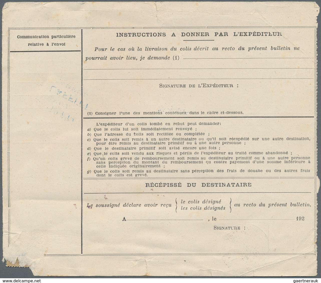 Tunesien - Paketmarken: 1925, 11.65fr. Rate On Parcel Despatch Form From "NABEUL 19.12.25" To Horgen - Tunesien (1956-...)