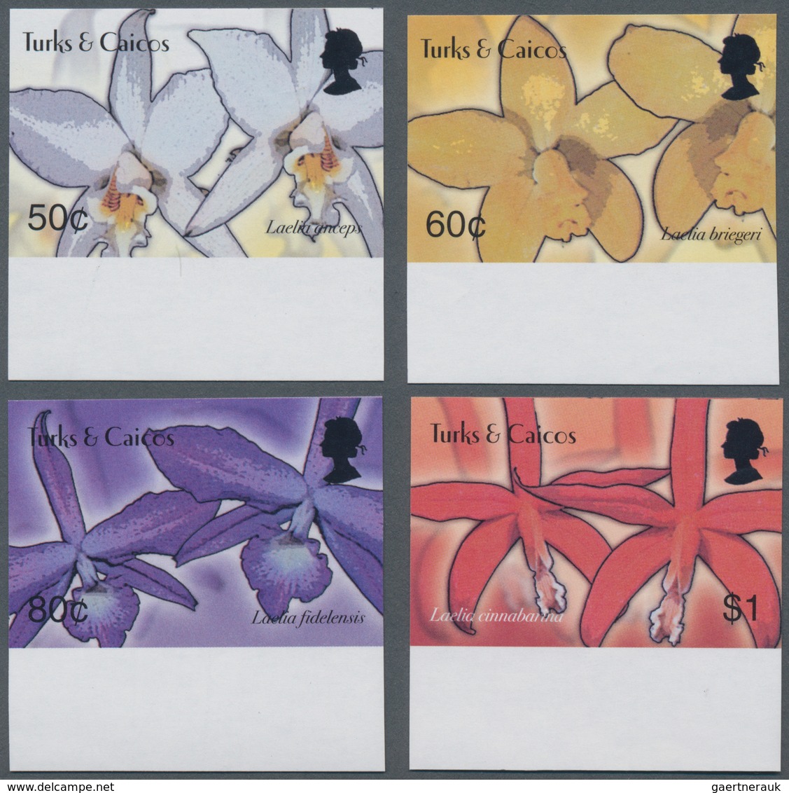 Turks- Und Caicos-Inseln: 2003, Orchids Complete IMPERFORATE Set Of Four From Lower Margins, Mint Ne - Turks & Caicos