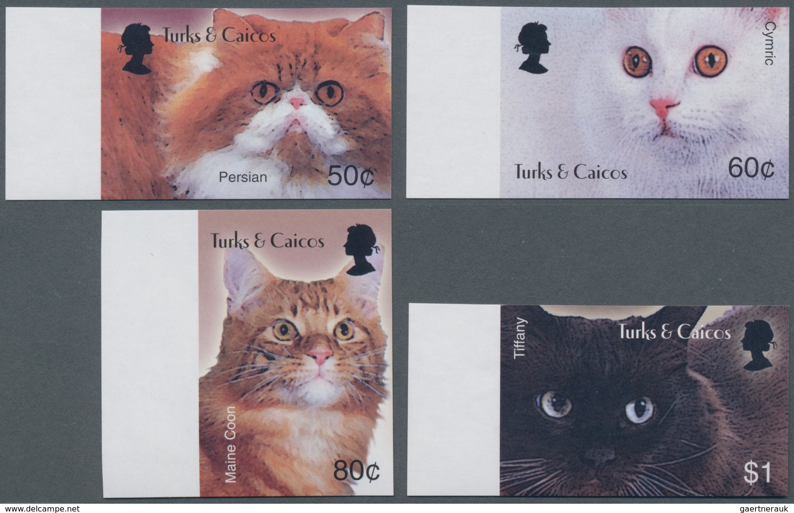 Turks- Und Caicos-Inseln: 2003, Cats Complete IMPERFORATE Set Of Four From Left Margins, Mint Never - Turks E Caicos