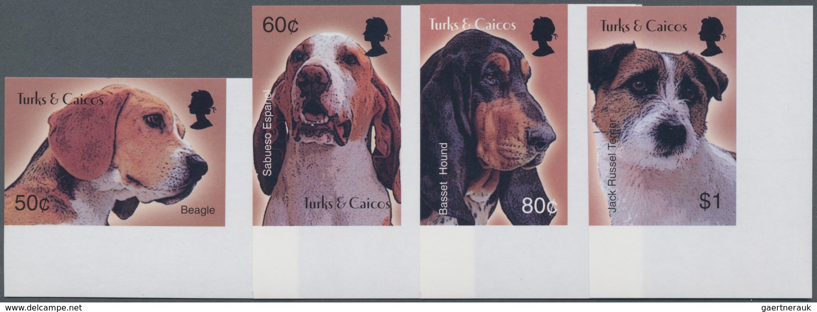 Turks- Und Caicos-Inseln: 2003, Dogs Complete IMPERFORATE Set Of Four From Lower Right Corners, Mint - Turks And Caicos