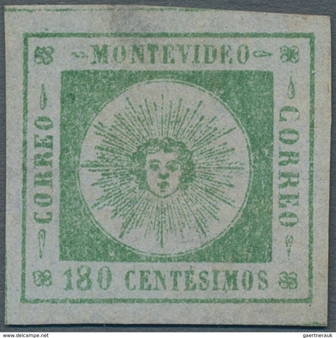 Uruguay: 1859, Sun Head 180c. Green, Essay In Issued Design On Bluish Papier With Silk Thread, Small - Uruguay