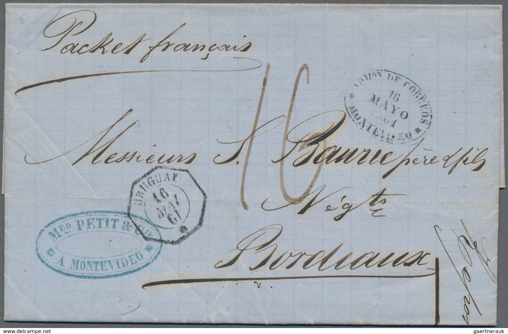 Uruguay: 1861, "ADMON DE CORREOS MONTEVIDEO" Oval Postmark And Octagon Ship-post Cancel URUGUAY On F - Uruguay