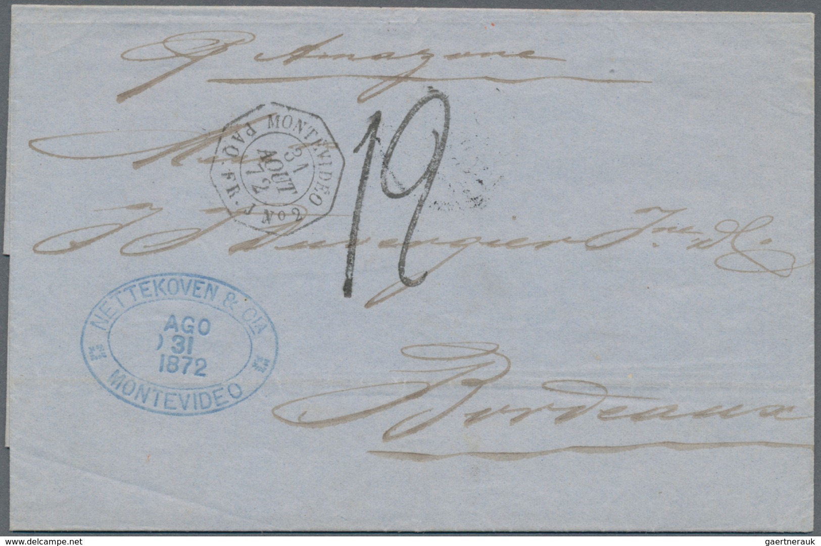 Uruguay: 1872, "MONTEVIDEO PAQ. FR. J No 2" Octagon Ship-post Cancel And Tax "12" On Folded Letter W - Uruguay