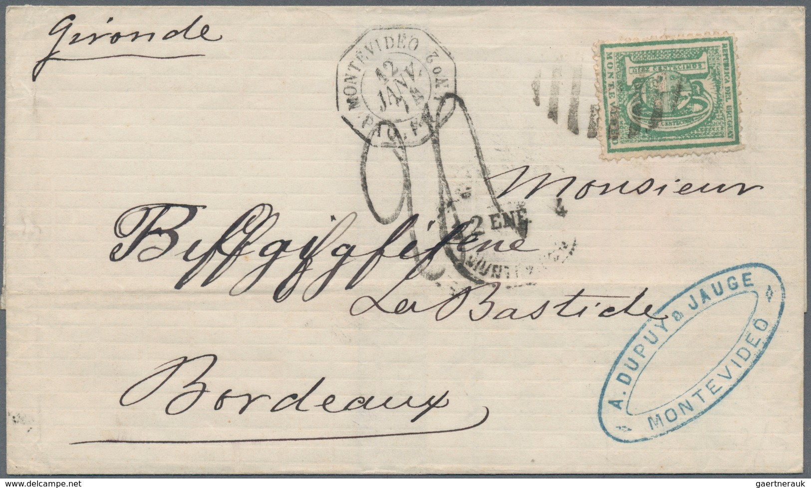 Uruguay: 1874, 20 C Green Single Franking Tied By Bar Handstamp And Besides Octagon Ship Post Cancel - Uruguay