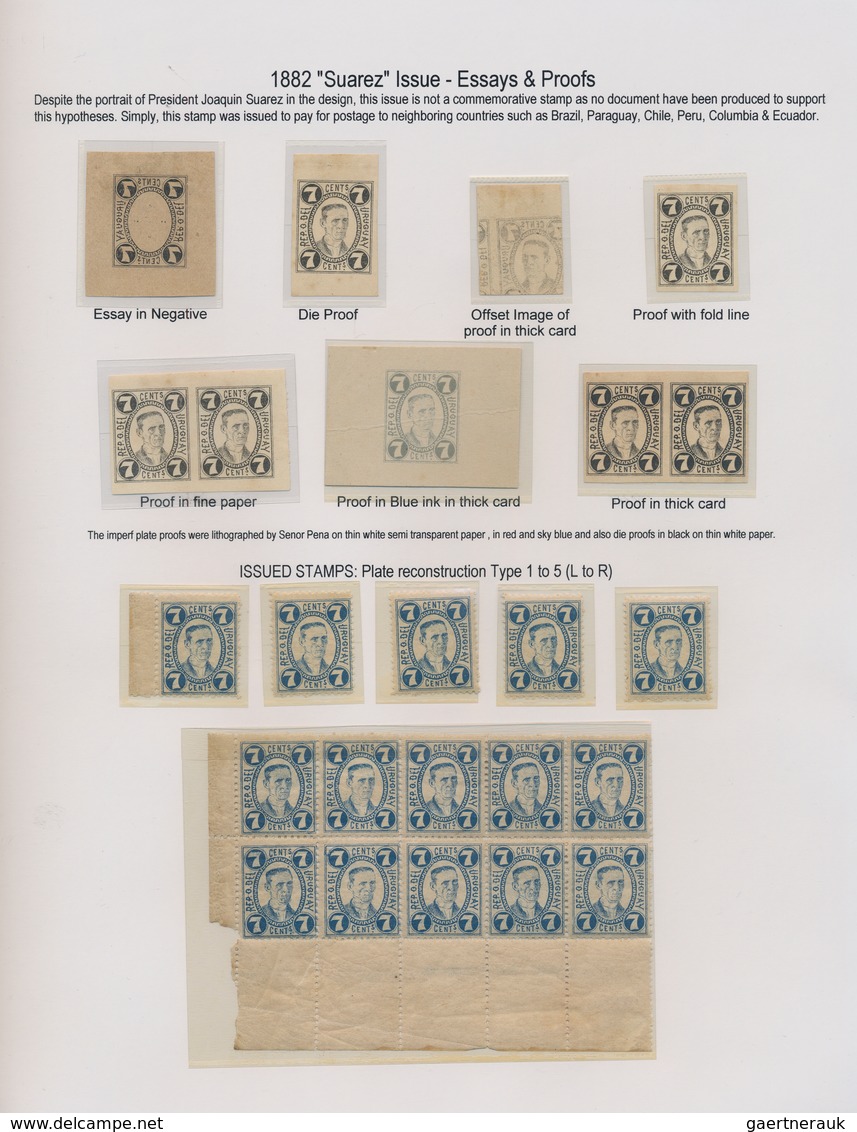 Uruguay: 1881, 7c. Blue "Joaquín Suárez", Specialised Assortment Incl. Colour Proofs In Red (3), Imp - Uruguay