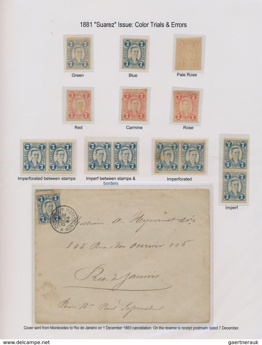 Uruguay: 1881, 7c. Blue "Joaquín Suárez", Specialised Assortment Incl. Colour Proofs In Red (3), Imp - Uruguay