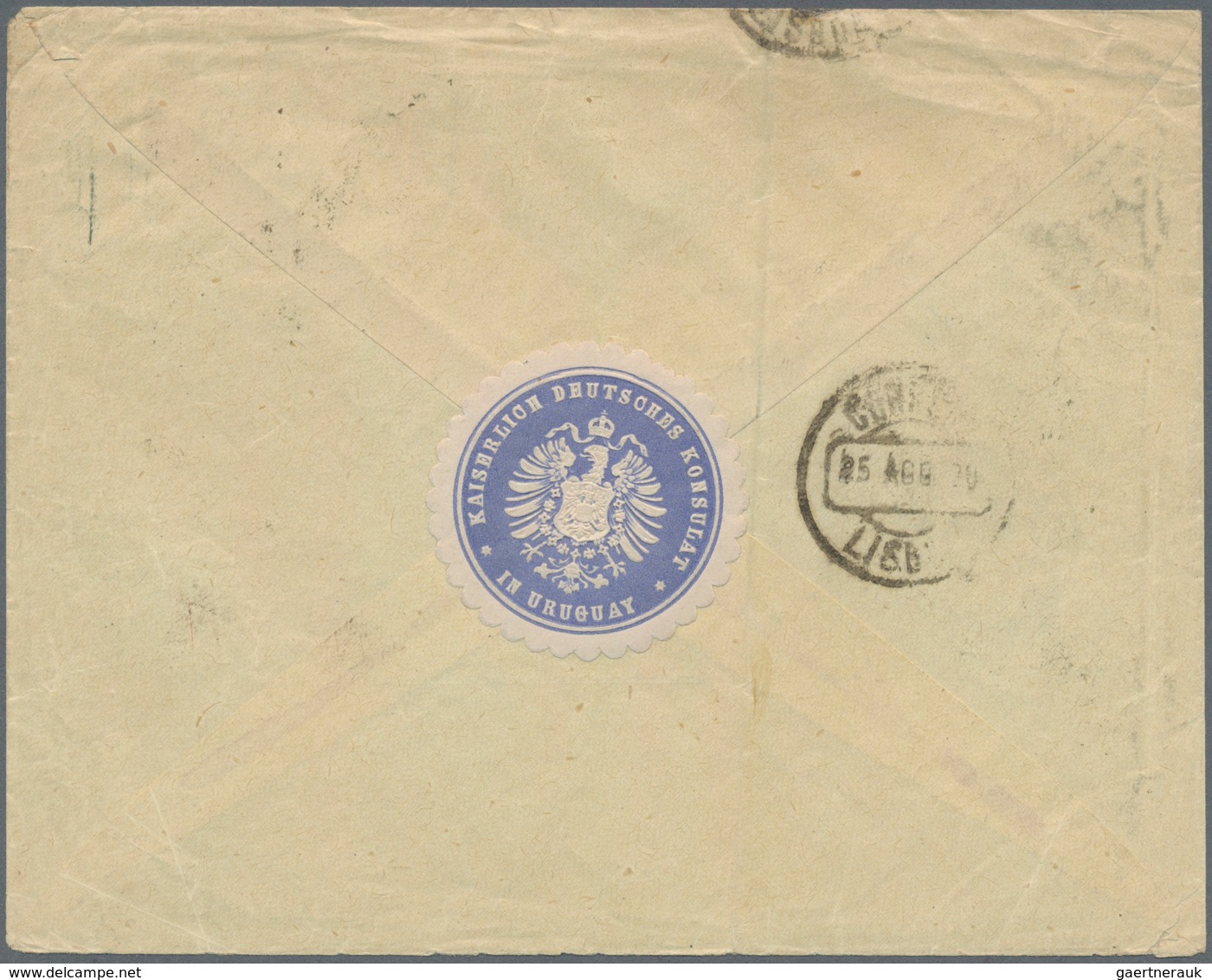 Uruguay: 1890, "KAIS. DEUTSCHES KONSULAT..." Blue Paper Seal On Reverse Of A Letter To Leipzig, In F - Uruguay