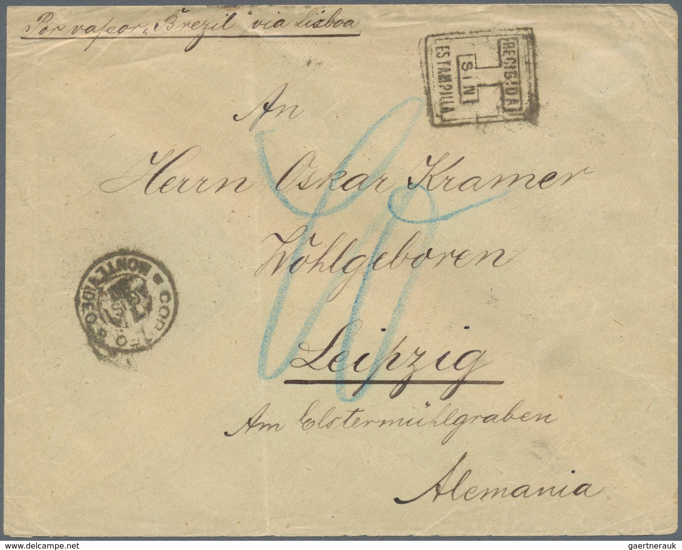 Uruguay: 1890, "KAIS. DEUTSCHES KONSULAT..." Blue Paper Seal On Reverse Of A Letter To Leipzig, In F - Uruguay