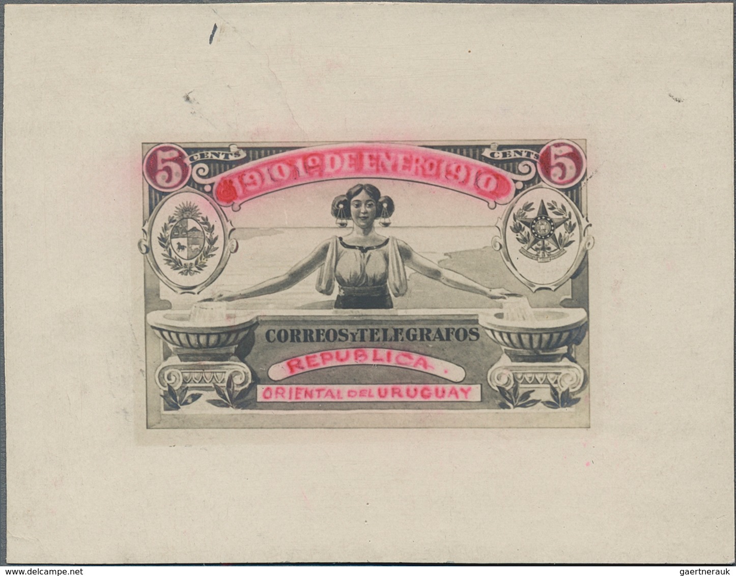 Uruguay: 1910, Unadopted "New Year" Design, Lithographed Essay 5c. Black/rose On Photographic Paper, - Uruguay