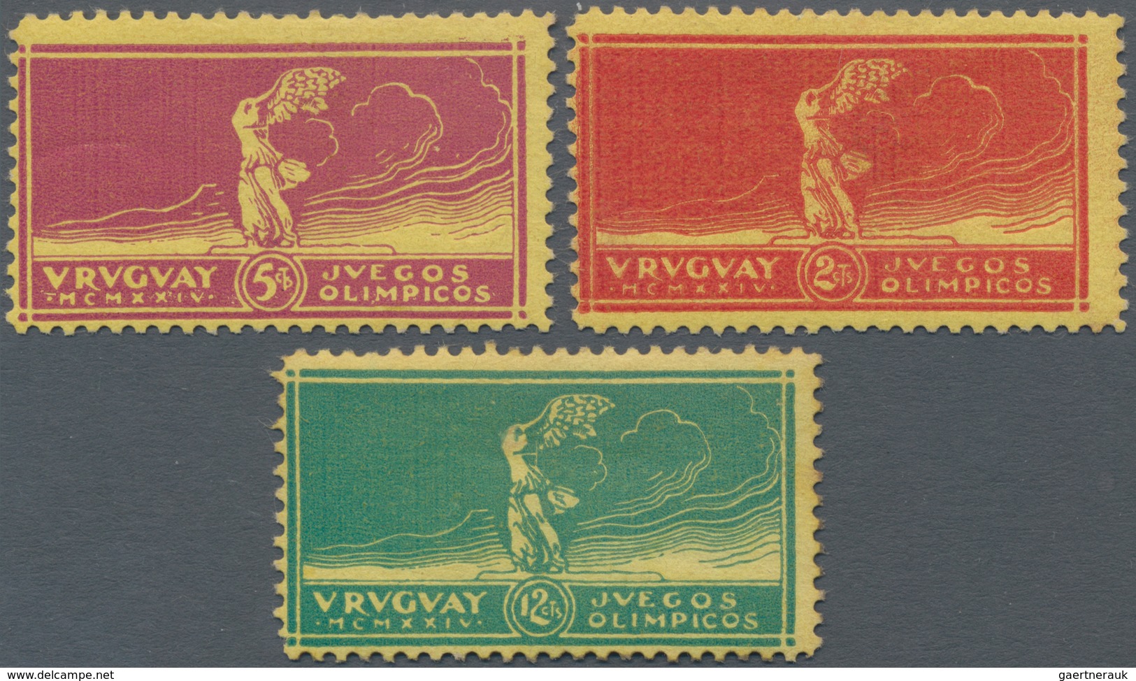 Uruguay: 1924 'Winner Of The Olypic Football Tournement' Complete Set Of Three On YELLOW PAPER, Moun - Uruguay