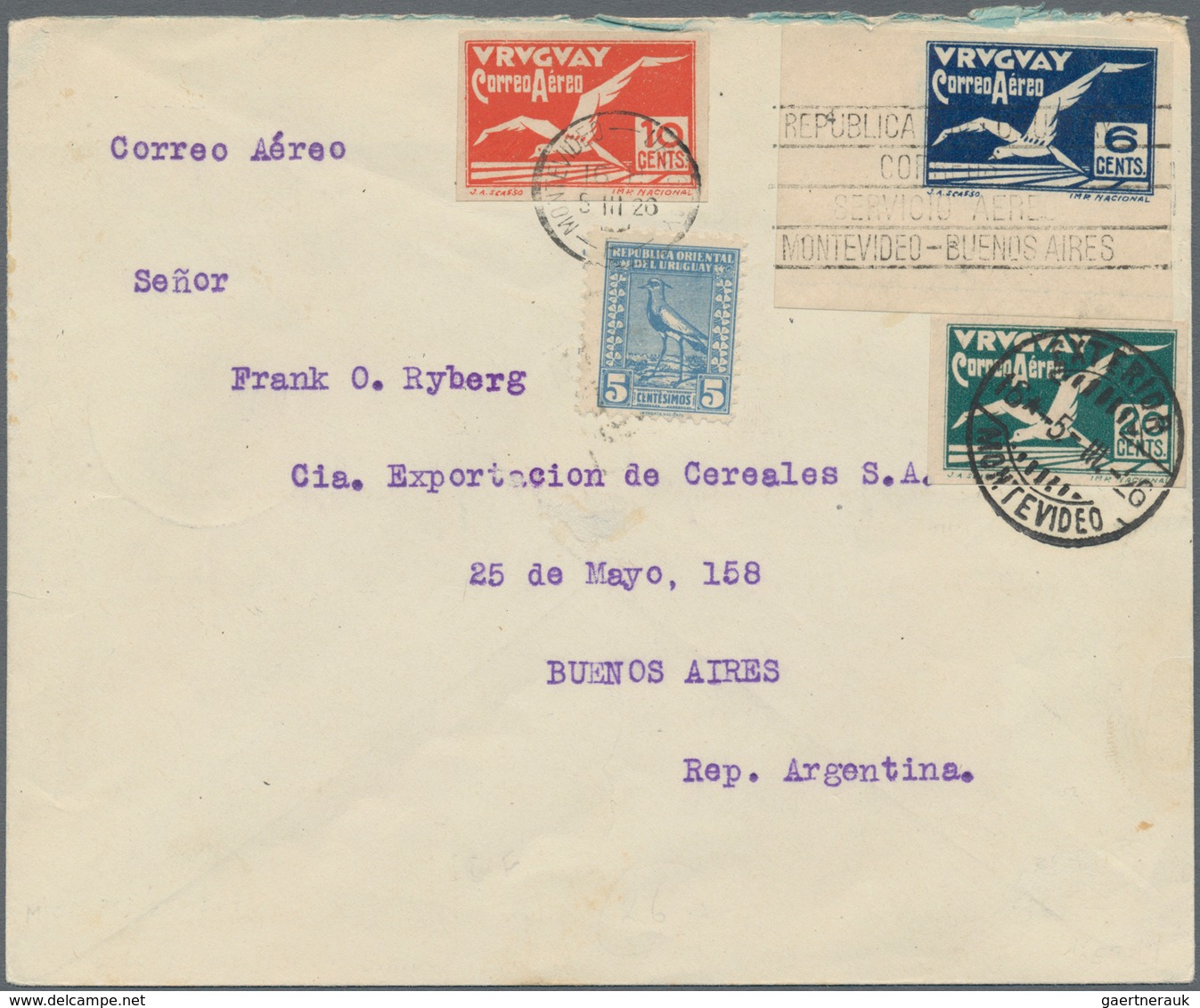 Uruguay: 1926, First Flight Cover "MONTEVIDEO - BUENOS AIRES" Bearing Attractive Imperf Franking Tie - Uruguay