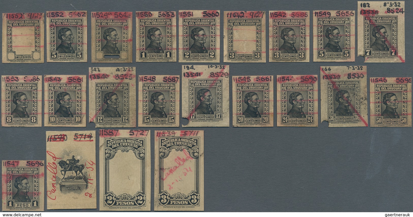 Uruguay: 1928/1932, General José Gervasio Artigas, 5m.-3p., Set Of 22 Imperforate Waterlow Archive P - Uruguay