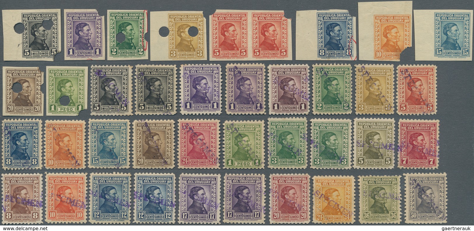 Uruguay: 1928/1936, General José Gervasio Artigas, set of 80 specimen/essays (one stamp damaged, par