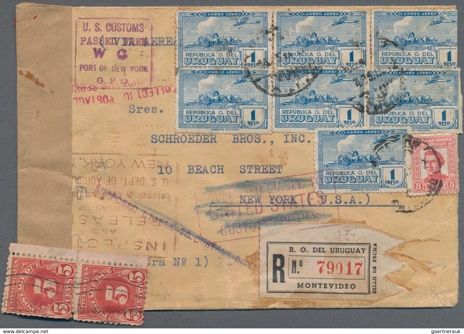 Uruguay: 1942, Registered Cover From MONTEVIDEO Via Miami To New York. There Held By U.S. Customs,of - Uruguay