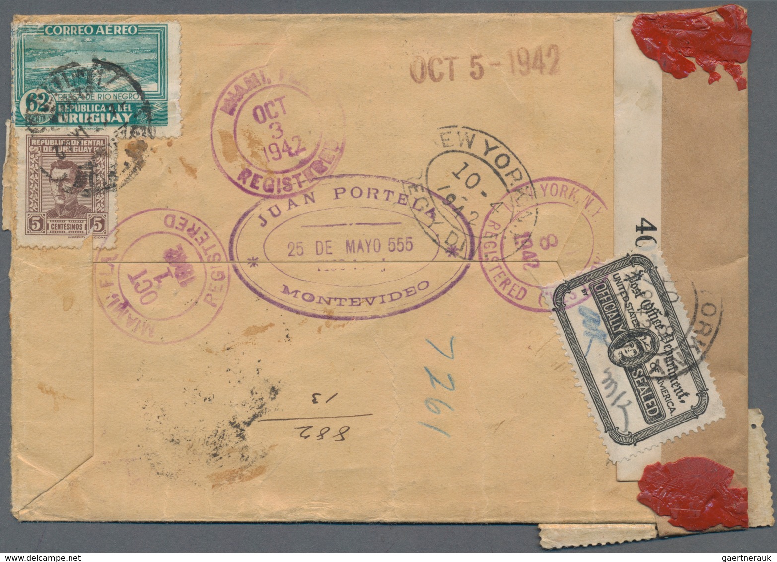 Uruguay: 1942, Registered Cover From MONTEVIDEO Via Miami To New York. There Held By U.S. Customs,of - Uruguay