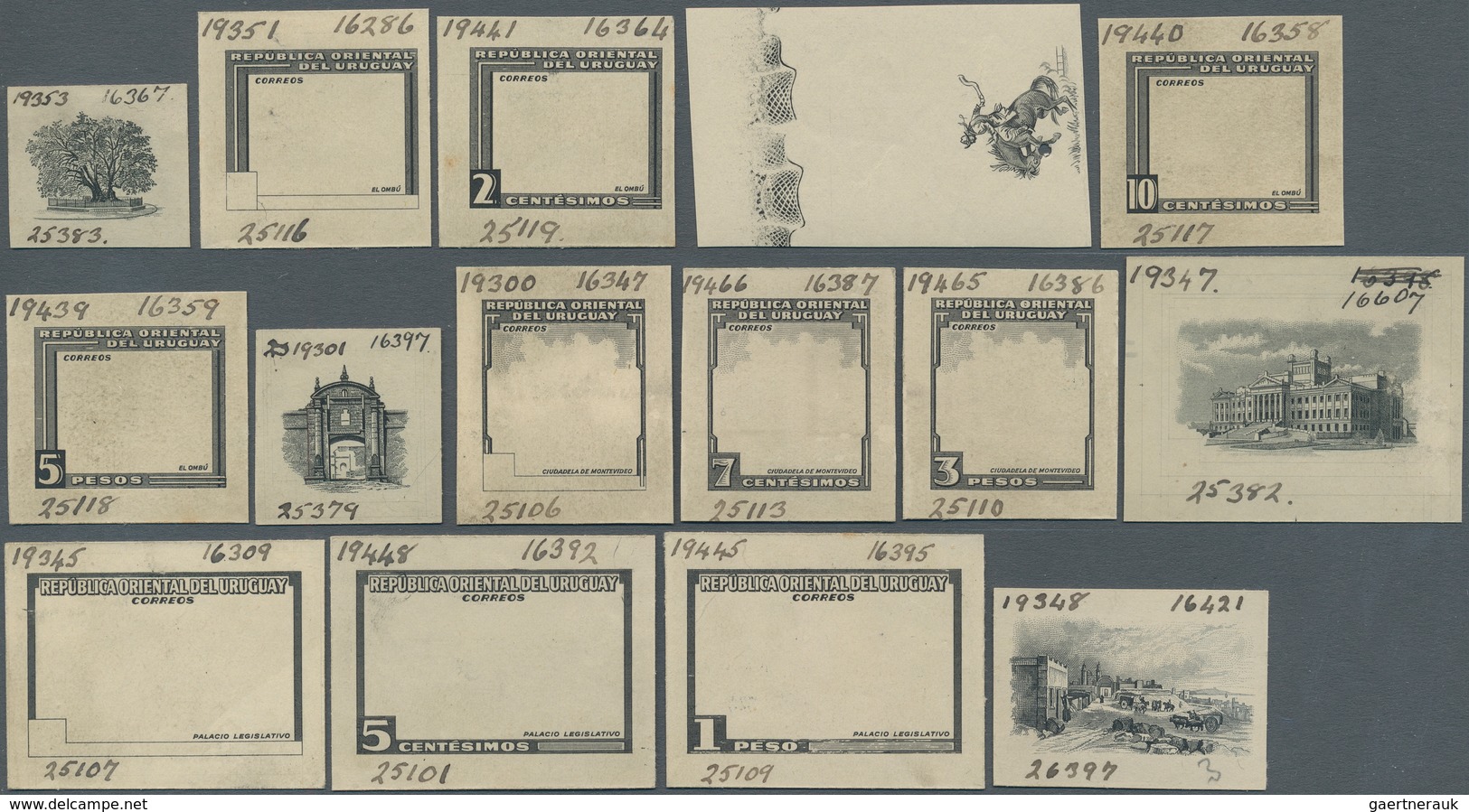 Uruguay: 1954, Definitives "Pictorials", Set Of 18 Imperforate Waterlow Archive Progressive Proofs I - Uruguay