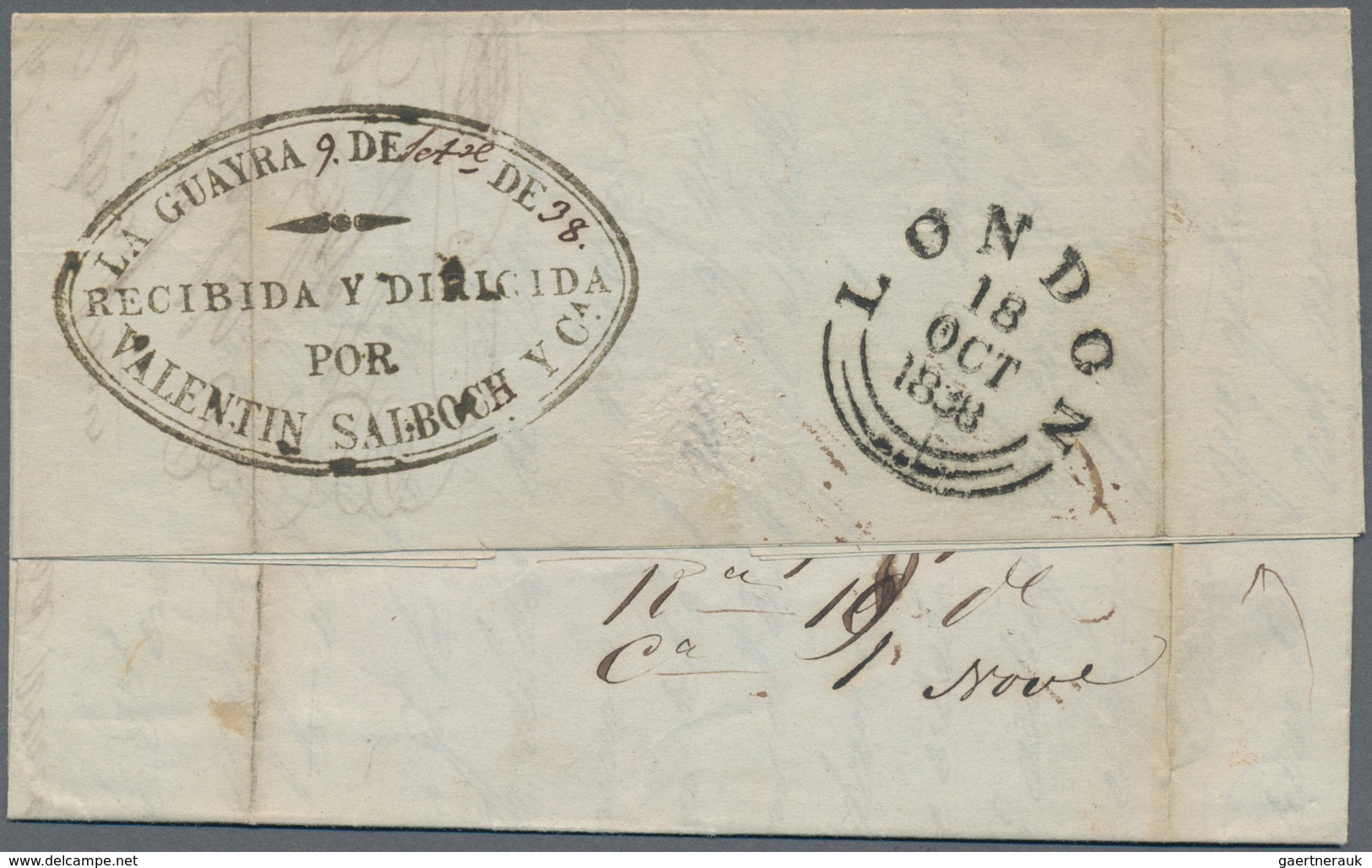 Venezuela: 1838, "GUAYRA FRANCO" Red Oval Cancel On Folded Letter With Complete Text To London, On R - Venezuela