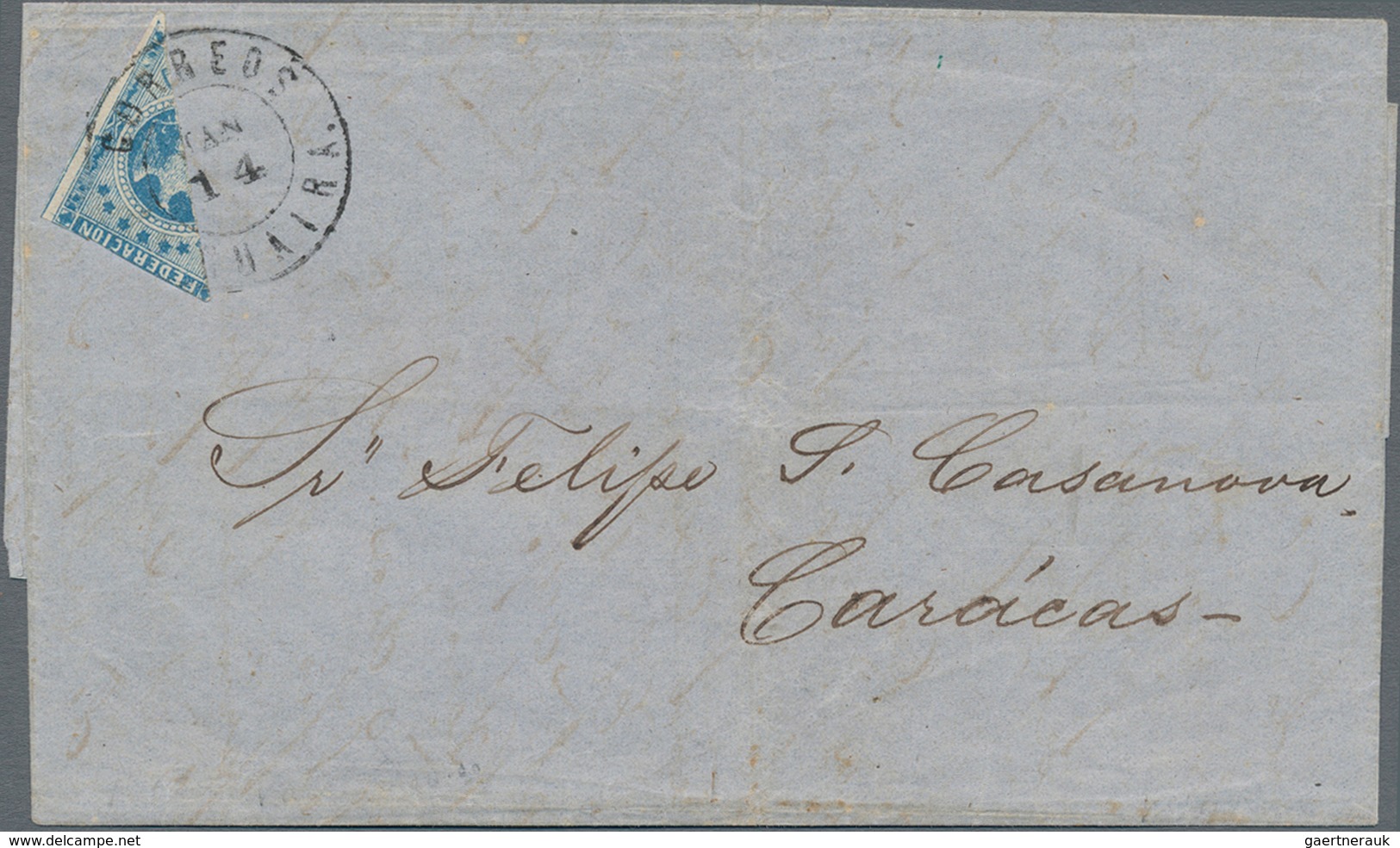 Venezuela: 1864, 1 Real Blue, Diagonally Bisected, Tied By Double Circle Dater CORREOS LA GUAIRA, JA - Venezuela