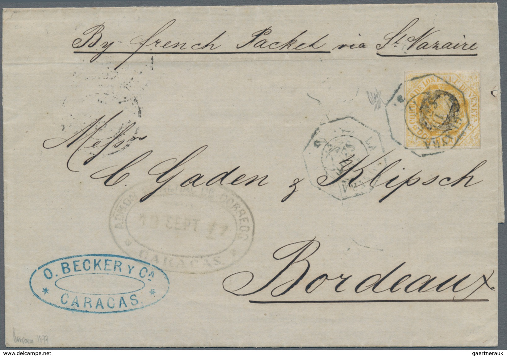 Venezuela: 1866 2r. Yellow Used On Folded Cover From Caracas To Bordeaux Via The Harbour Of La Guayr - Venezuela