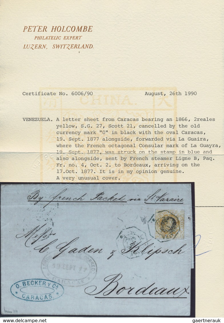 Venezuela: 1866 2r. Yellow Used On Folded Cover From Caracas To Bordeaux Via The Harbour Of La Guayr - Venezuela