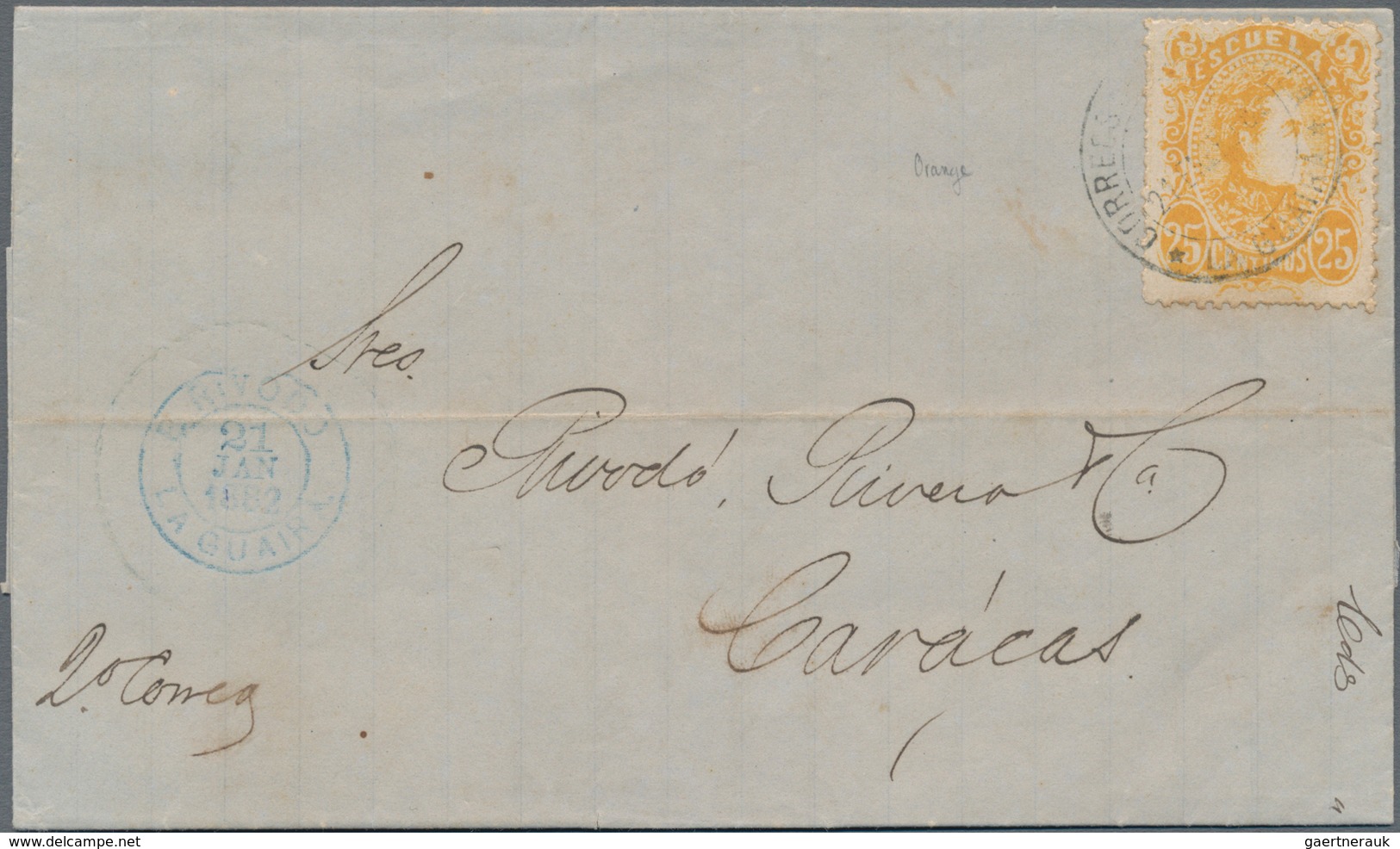 Venezuela: 1879, Two Letters With Tax Stamps Used As Postage Stamps (ESCUELAS) Bearing Perforated 25 - Venezuela