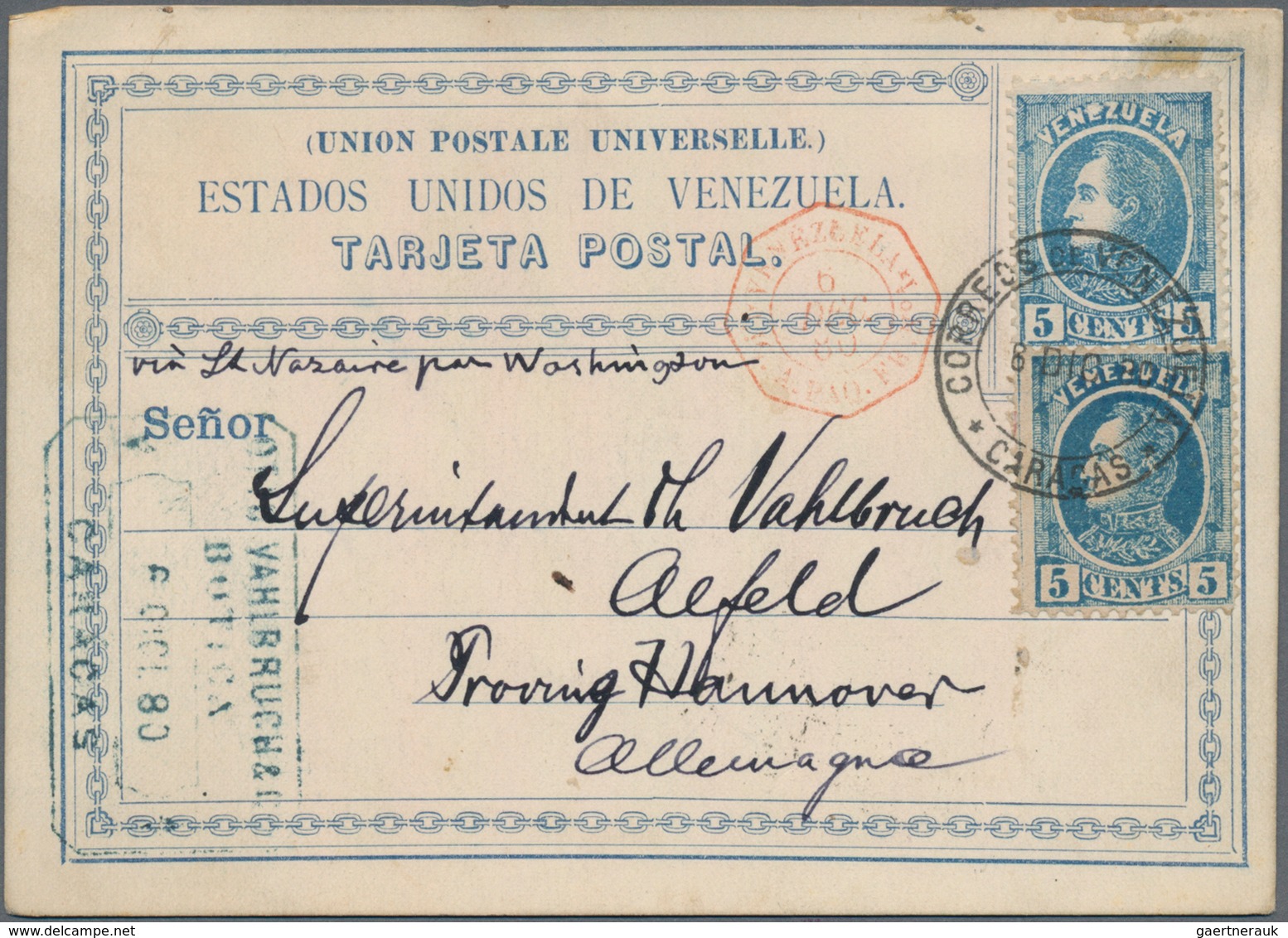 Venezuela: 1880, 5 C Blue Bolivar, 2 Stamps In Different Shades, Multiple Franking On Official Postc - Venezuela