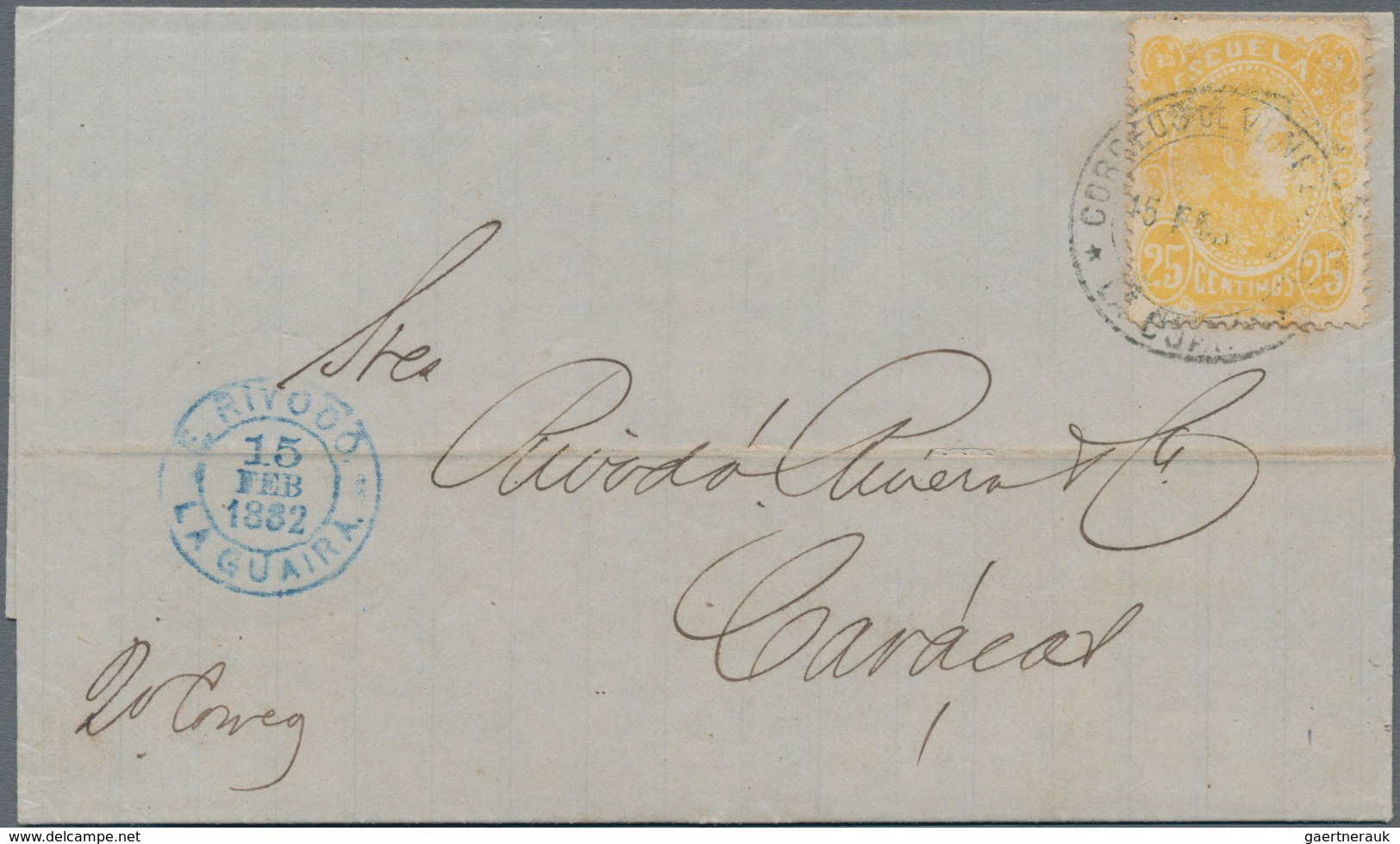 Venezuela: 1882, Two Covers With Tax Stamps Used As Postage Stamps (ESCUELAS) Bearing 25 C. Yellow R - Venezuela