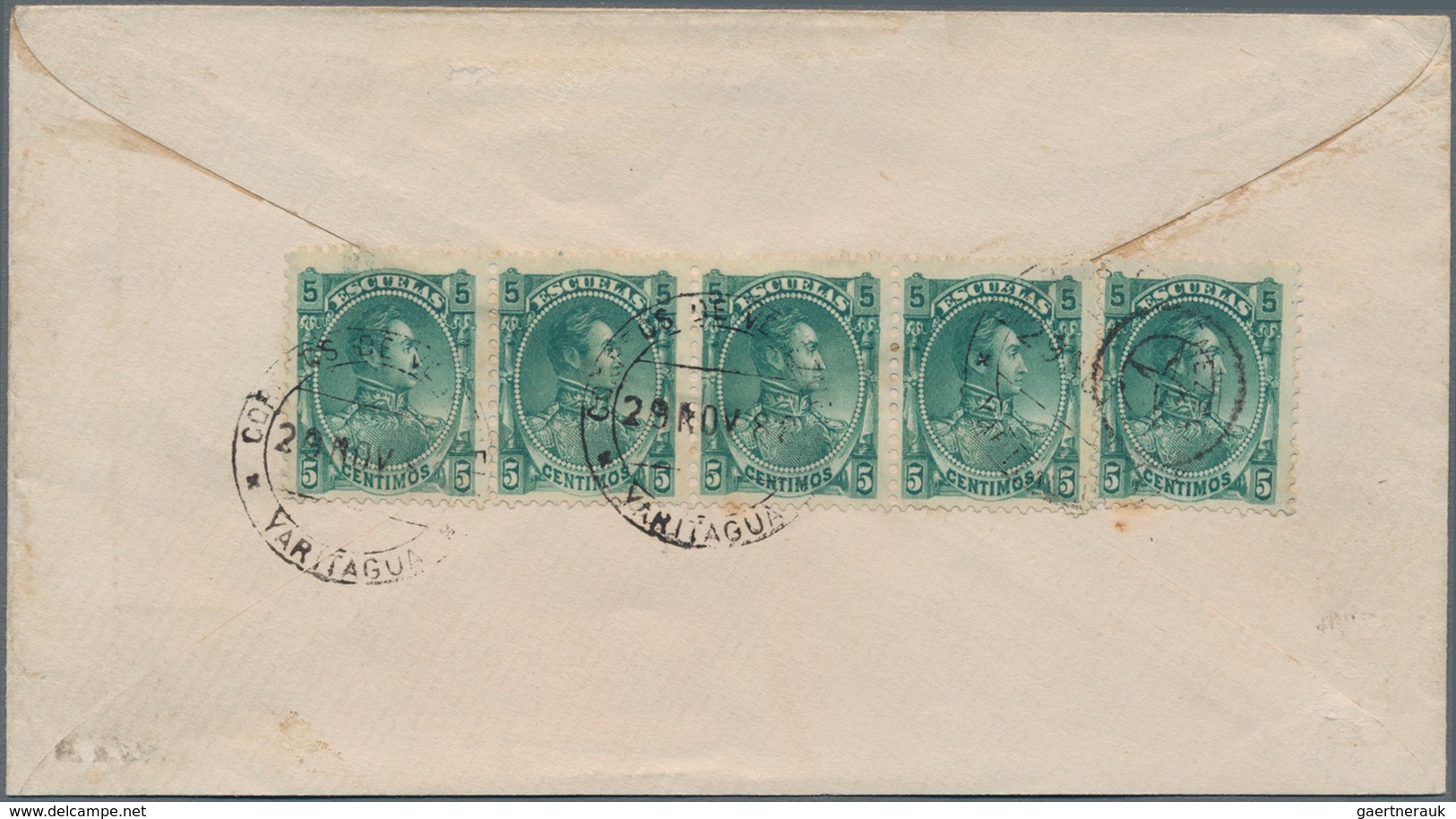 Venezuela: 1888, 5 Pieces Of 5 C. Tax Stamps (ESCUELAS) Used As Postage Stamps On Back Of A Cover Se - Venezuela