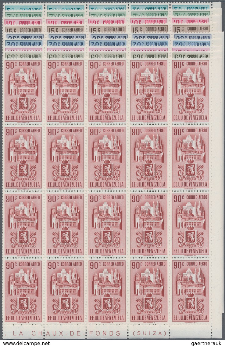 Venezuela: 1951, Coat Of Arms 'CARACAS‘ Airmail Stamps Complete Set Of Nine In Blocks Of 20 From Low - Venezuela