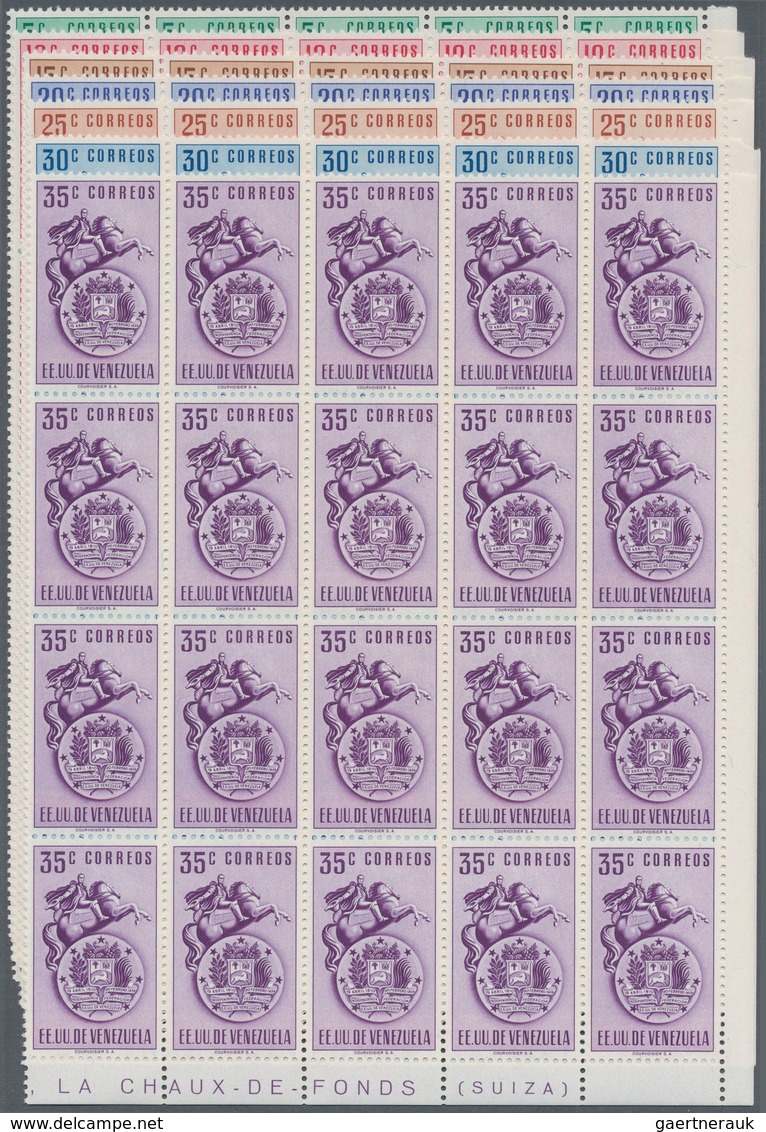 Venezuela: 1951, Coat Of Arms 'VENEZUELA ‘ Normal Stamps Complete Set Of Seven In Blocks Of 20 From - Venezuela