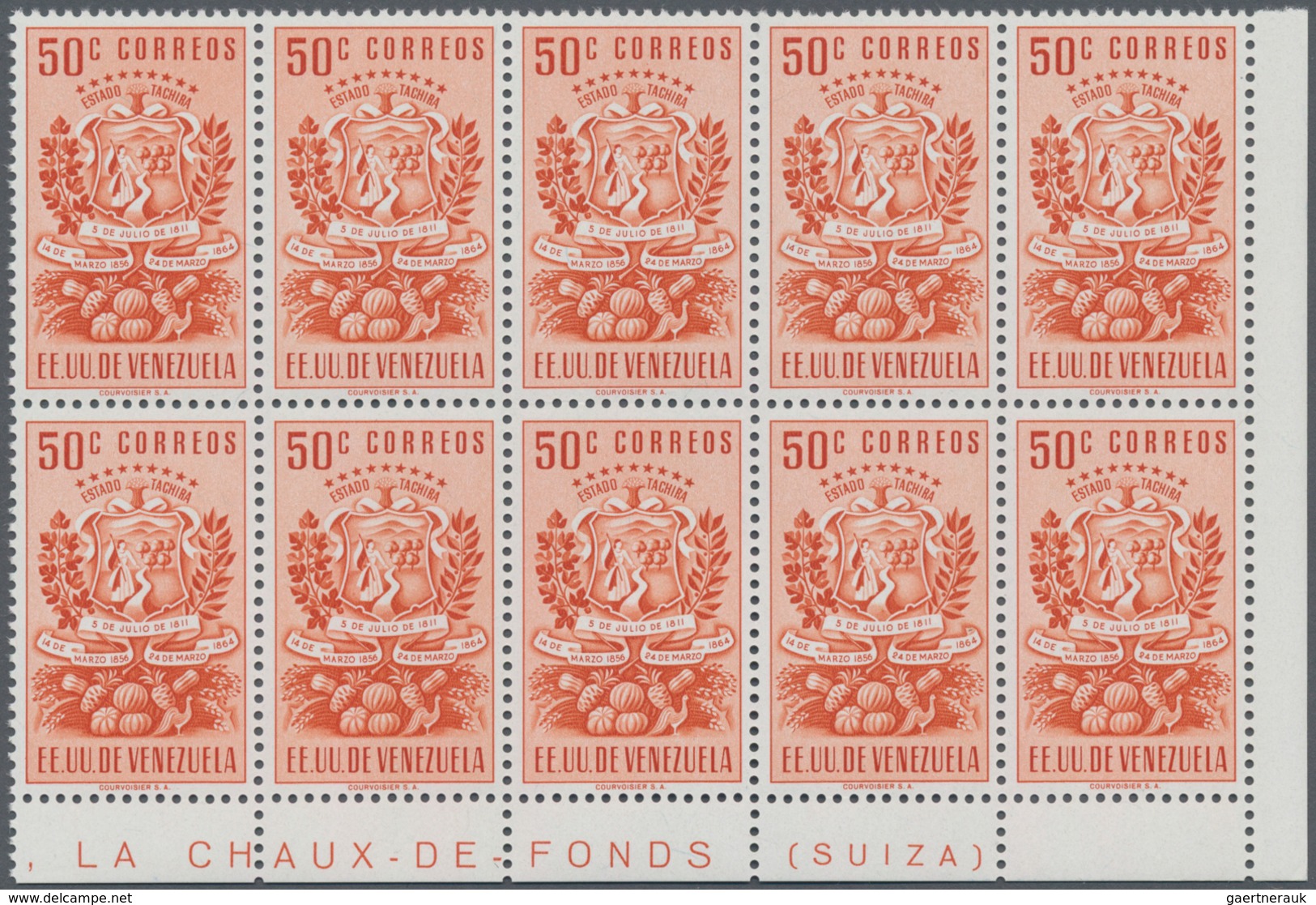 Venezuela: 1951, Coat Of Arms ‚TACHIRA‘ Normal Stamps Complete Set Of Seven In Blocks Of Ten From Lo - Venezuela