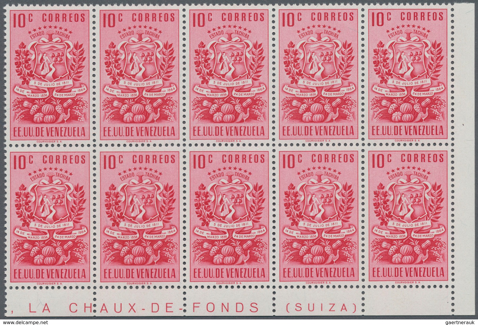 Venezuela: 1951, Coat Of Arms ‚TACHIRA‘ Normal Stamps Complete Set Of Seven In Blocks Of Ten From Lo - Venezuela
