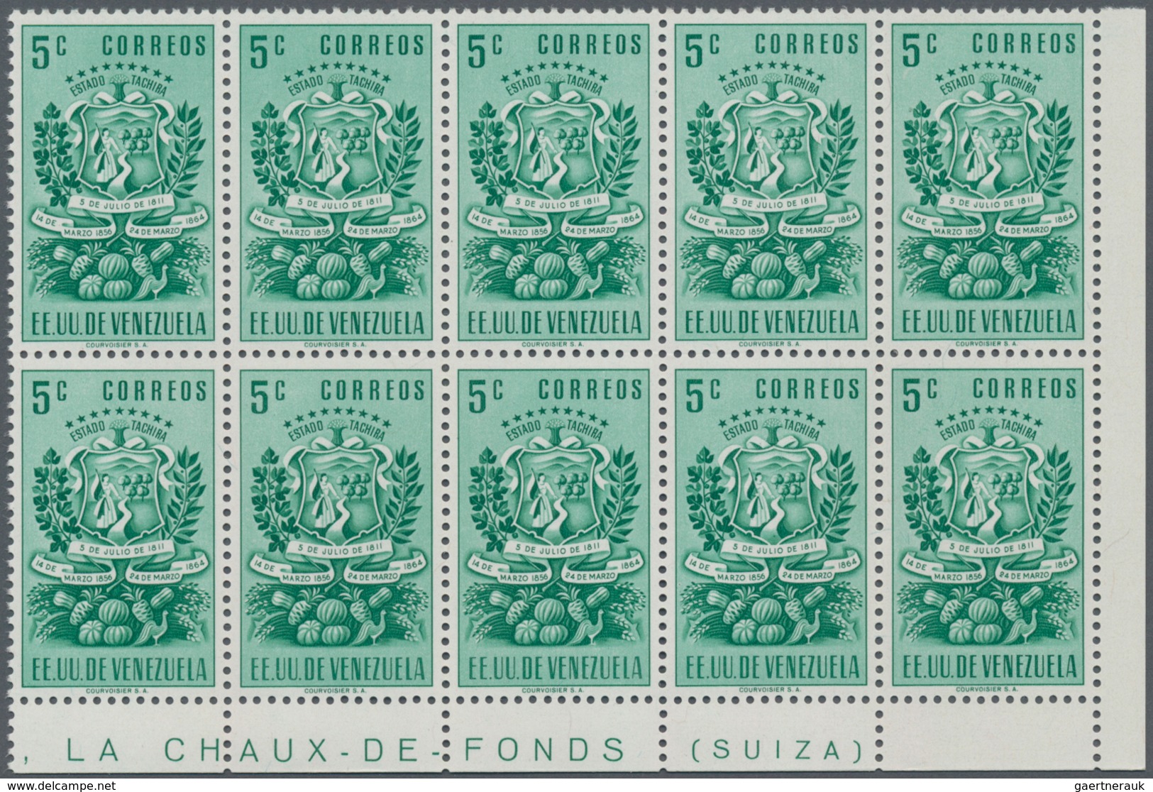 Venezuela: 1951, Coat Of Arms ‚TACHIRA‘ Normal Stamps Complete Set Of Seven In Blocks Of Ten From Lo - Venezuela