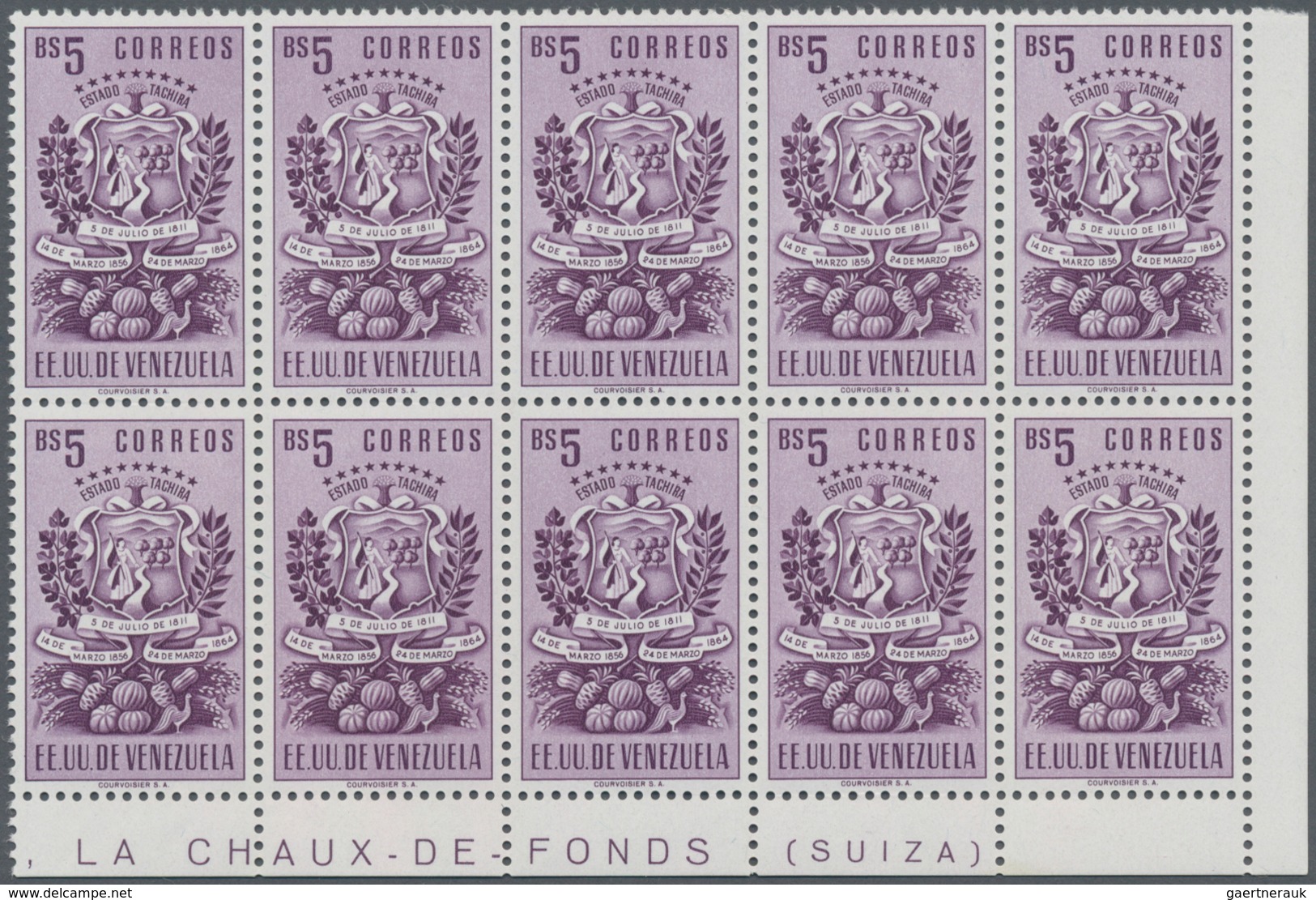 Venezuela: 1951, Coat of Arms ‚TACHIRA‘ normal stamps complete set of seven in blocks of ten from lo