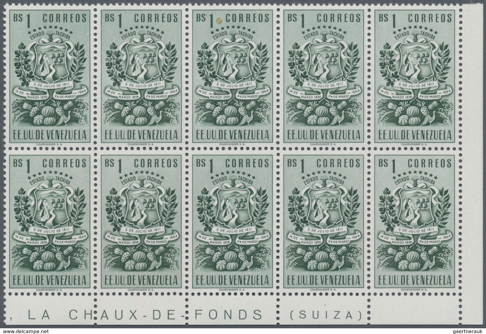 Venezuela: 1951, Coat of Arms ‚TACHIRA‘ normal stamps complete set of seven in blocks of ten from lo