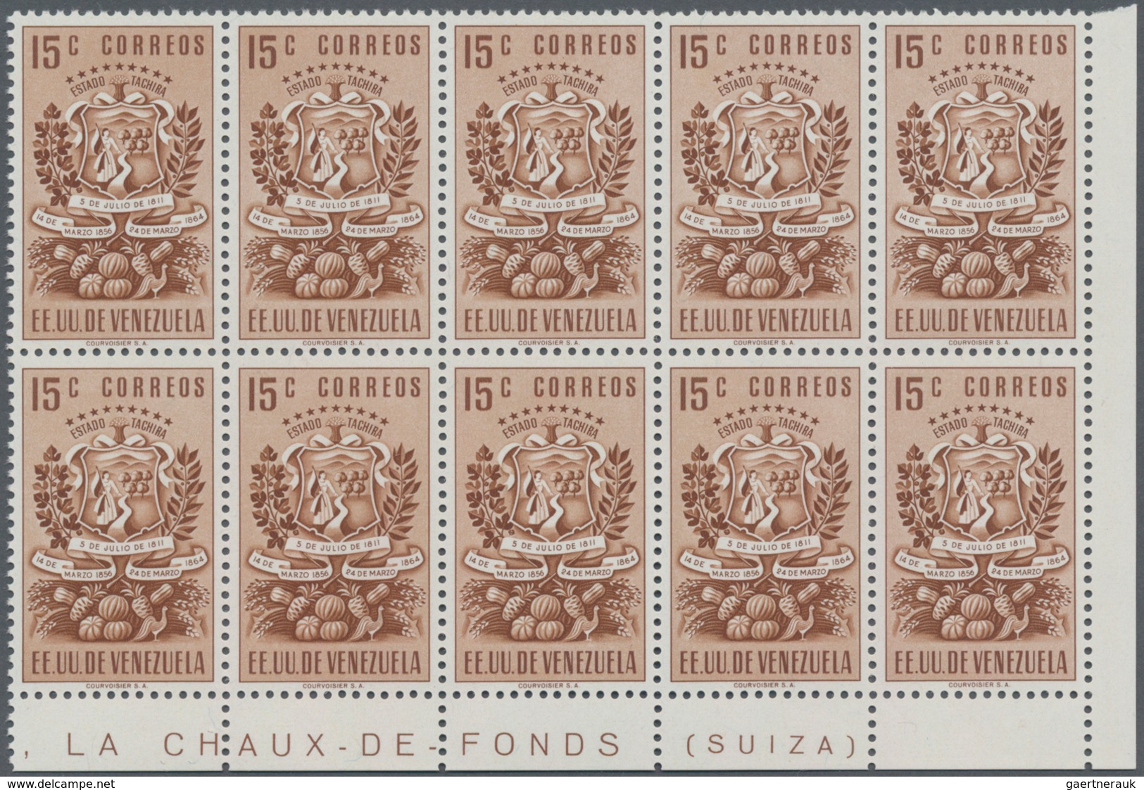 Venezuela: 1951, Coat of Arms ‚TACHIRA‘ normal stamps complete set of seven in blocks of ten from lo