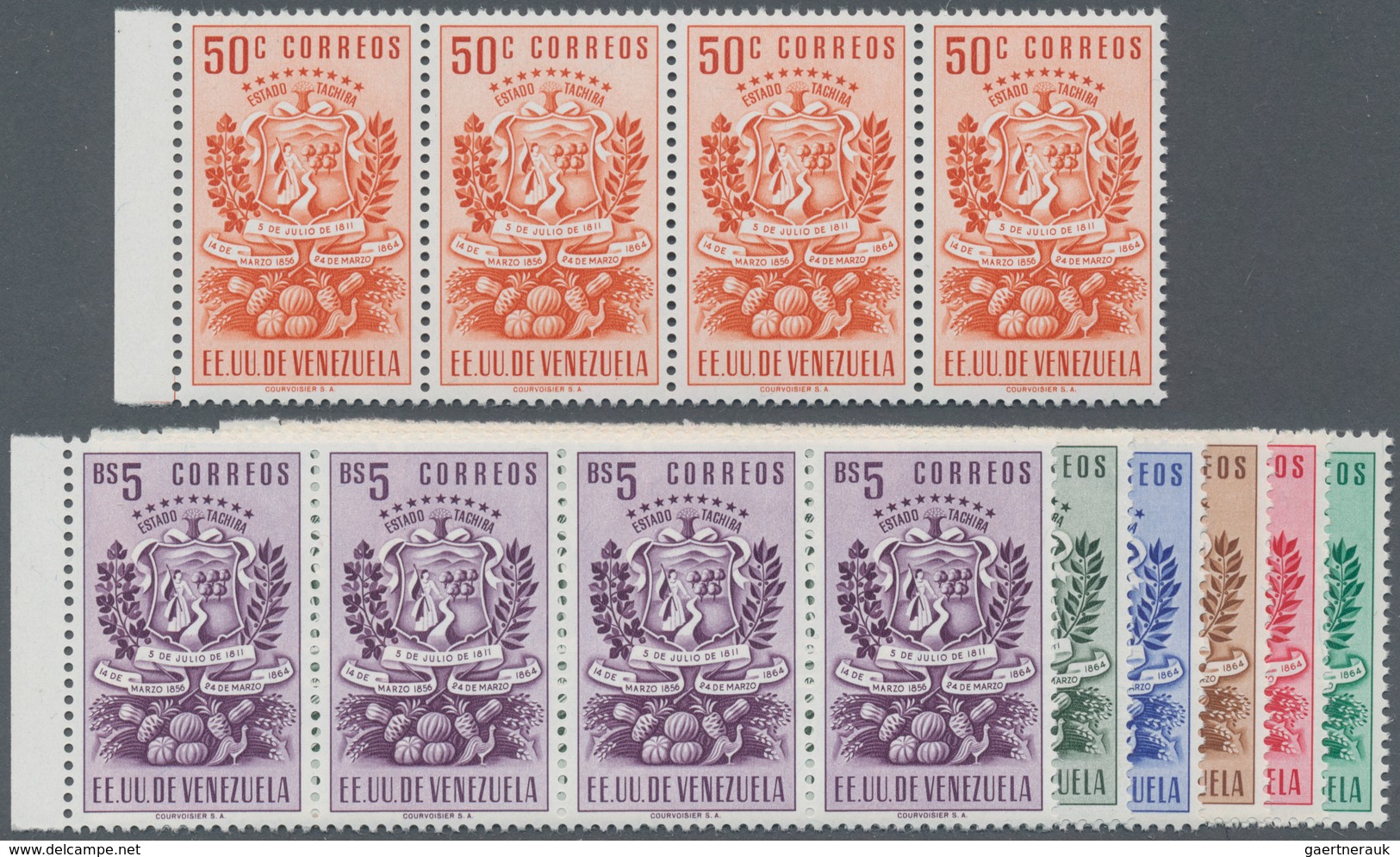 Venezuela: 1951, Coat Of Arms ‚TACHIRA‘ Normal Stamps Complete Set Of Seven In Horizontal Strips Of - Venezuela