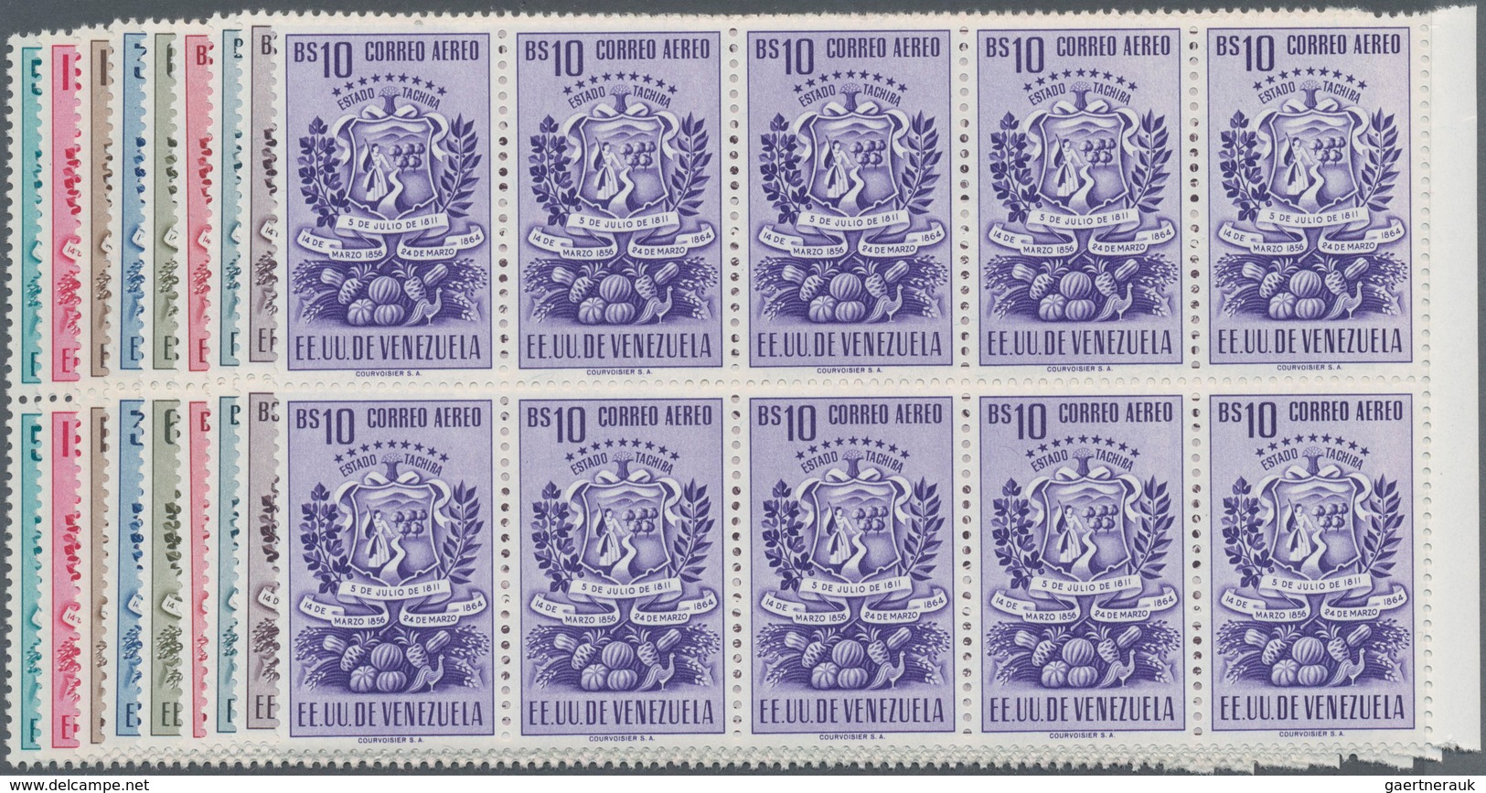 Venezuela: 1951, Coat Of Arms ‚TACHIRA‘ Airmail Stamps Complete Set Of Nine In Blocks Of Ten From Ri - Venezuela