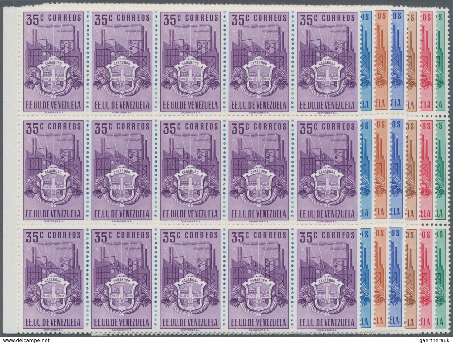 Venezuela: 1951, Coat Of Arms 'CARABOBO‘ Normal Stamps Complete Set Of Seven In Blocks Of 15 From Le - Venezuela