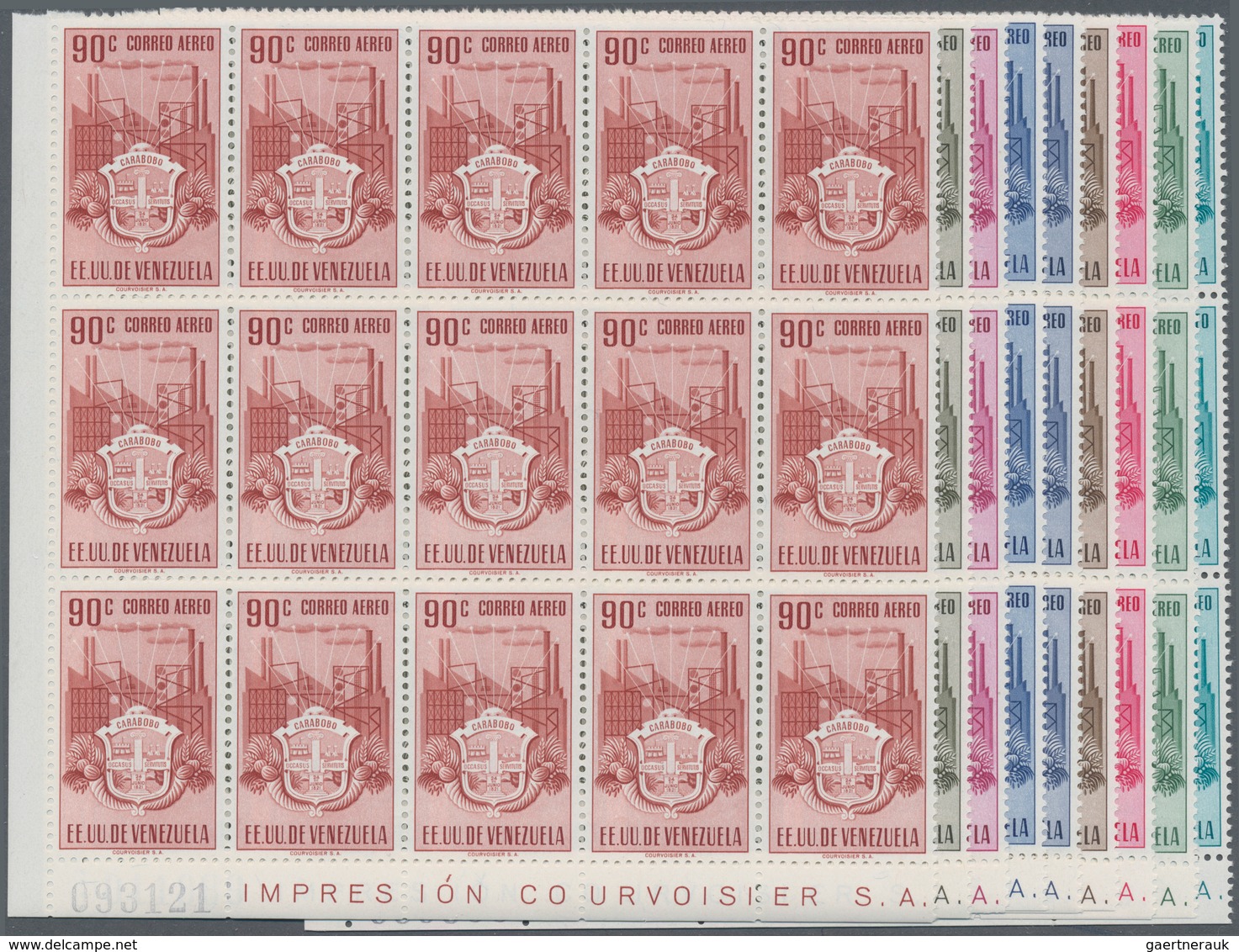 Venezuela: 1951, Coat Of Arms 'CARABOBO‘ Airmail Stamps Complete Set Of Nine In Blocks Of 15 From Lo - Venezuela