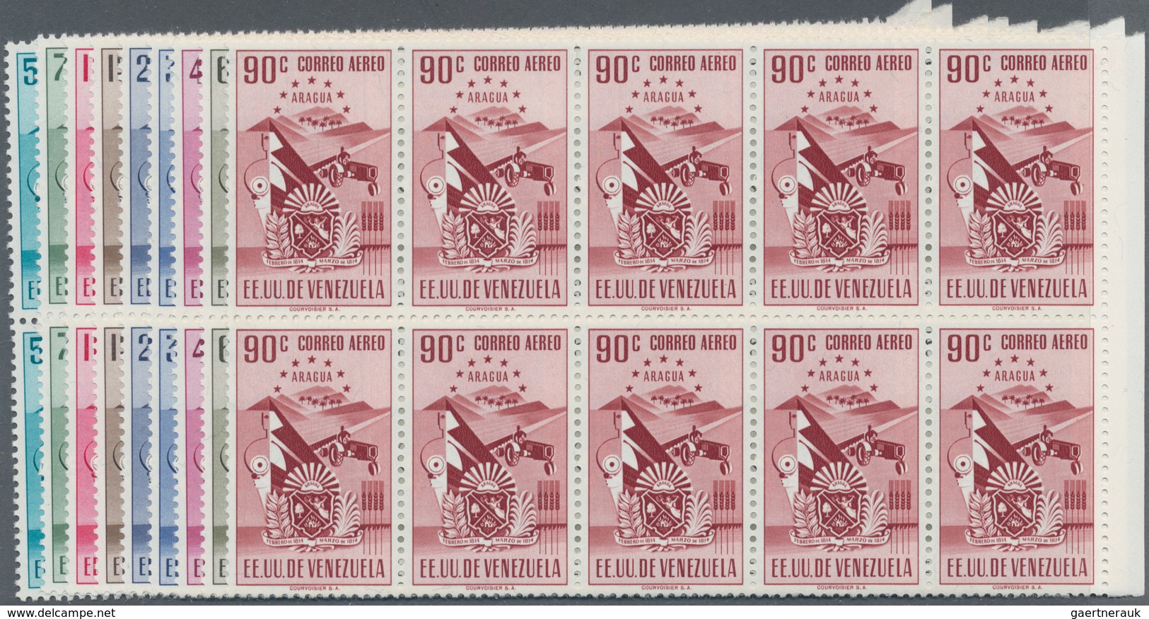 Venezuela: 1952, Coat Of Arms 'ARAGUA‘ Airmail Stamps Complete Set Of Nine In Blocks Of Ten From Rig - Venezuela