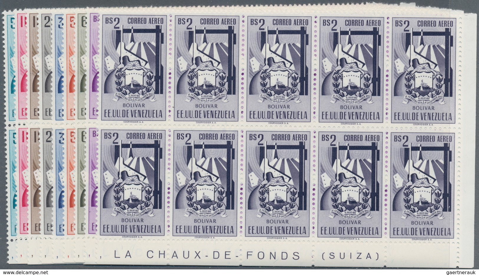 Venezuela: 1952, Coat Of Arms 'BOLIVAR‘ Airmail Stamps Complete Set Of Nine In Blocks Of Ten From Lo - Venezuela