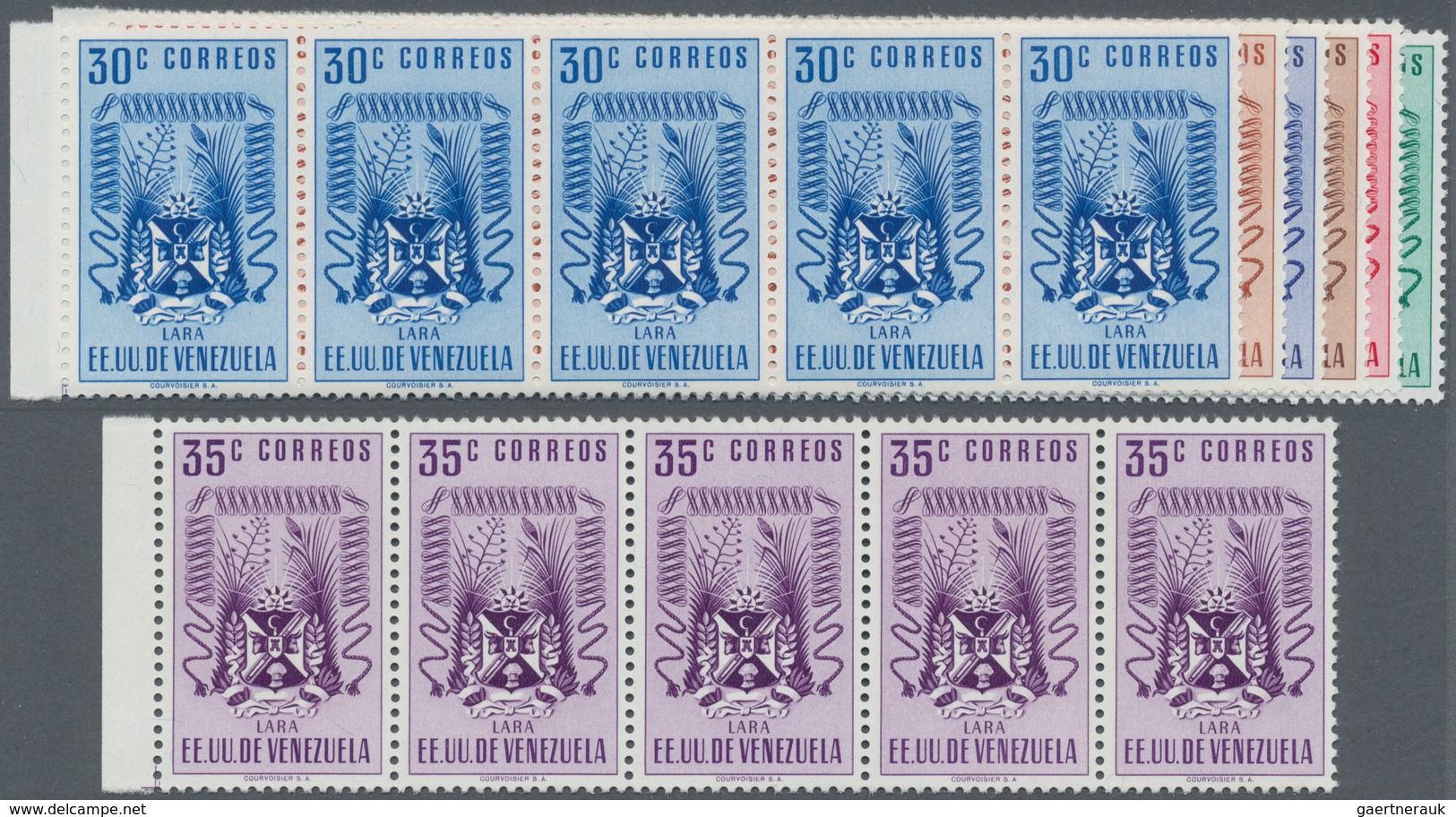 Venezuela: 1952, Coat Of Arms 'LARA‘ Normal Stamps Complete Set Of Seven In Horizontal Strips Of Fiv - Venezuela